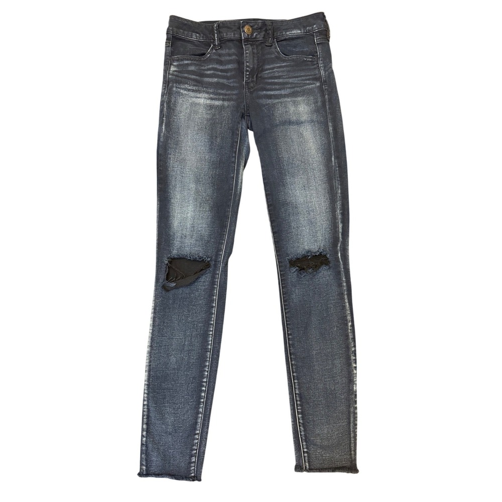American Eagle Super Super Stretch Jegging Dark Wash Distressed Jeans 8 Long